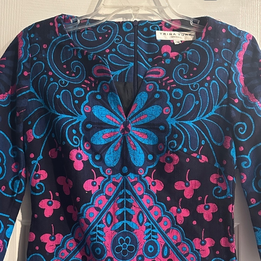 Trina Turk Vibrant Blue Pink Floral Geometric Patter Cotton Shift Dress 0 - Picture 2 of 9